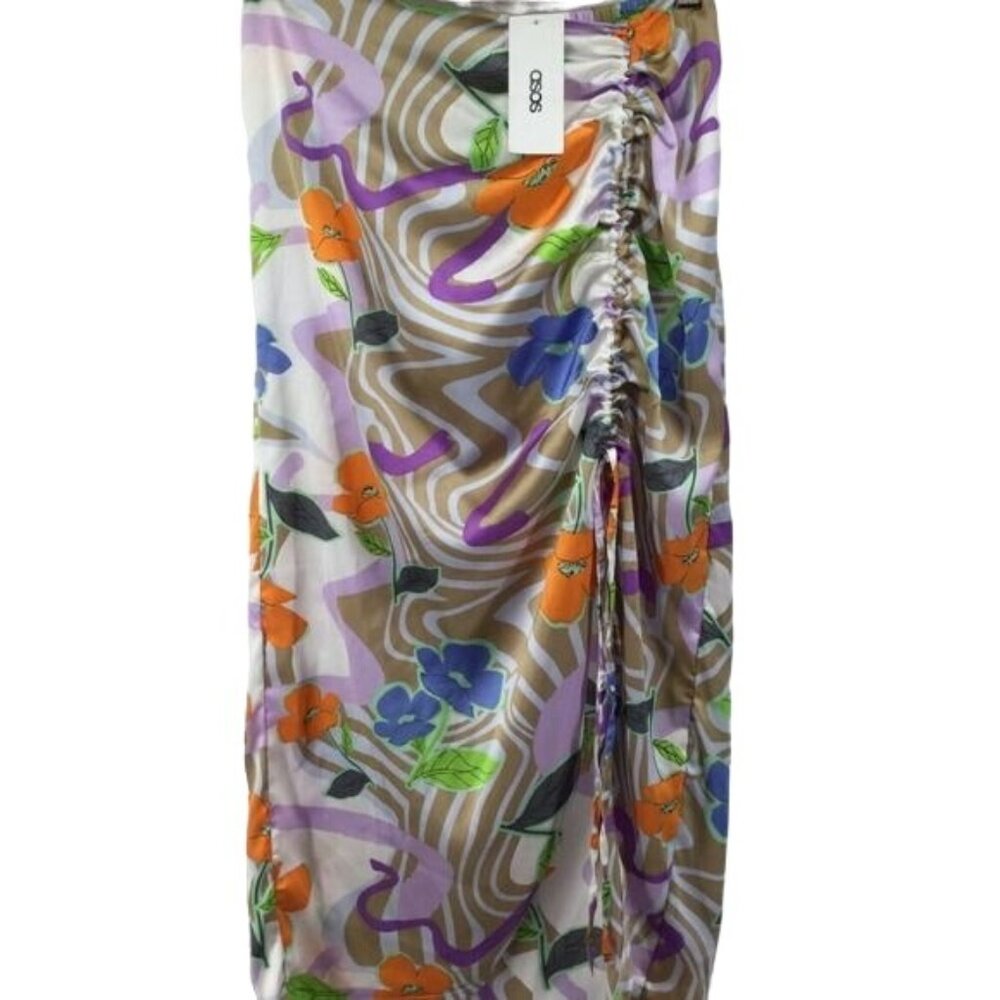 ASOS DESIGN Ruched Side Midi‎ Skirt in Floral Swirl Print 8 NWT